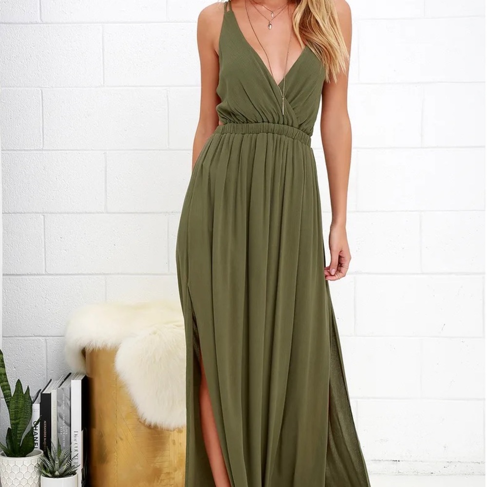 Lulus Lost in Paradise Strappy Olive Green Maxi Dress medium